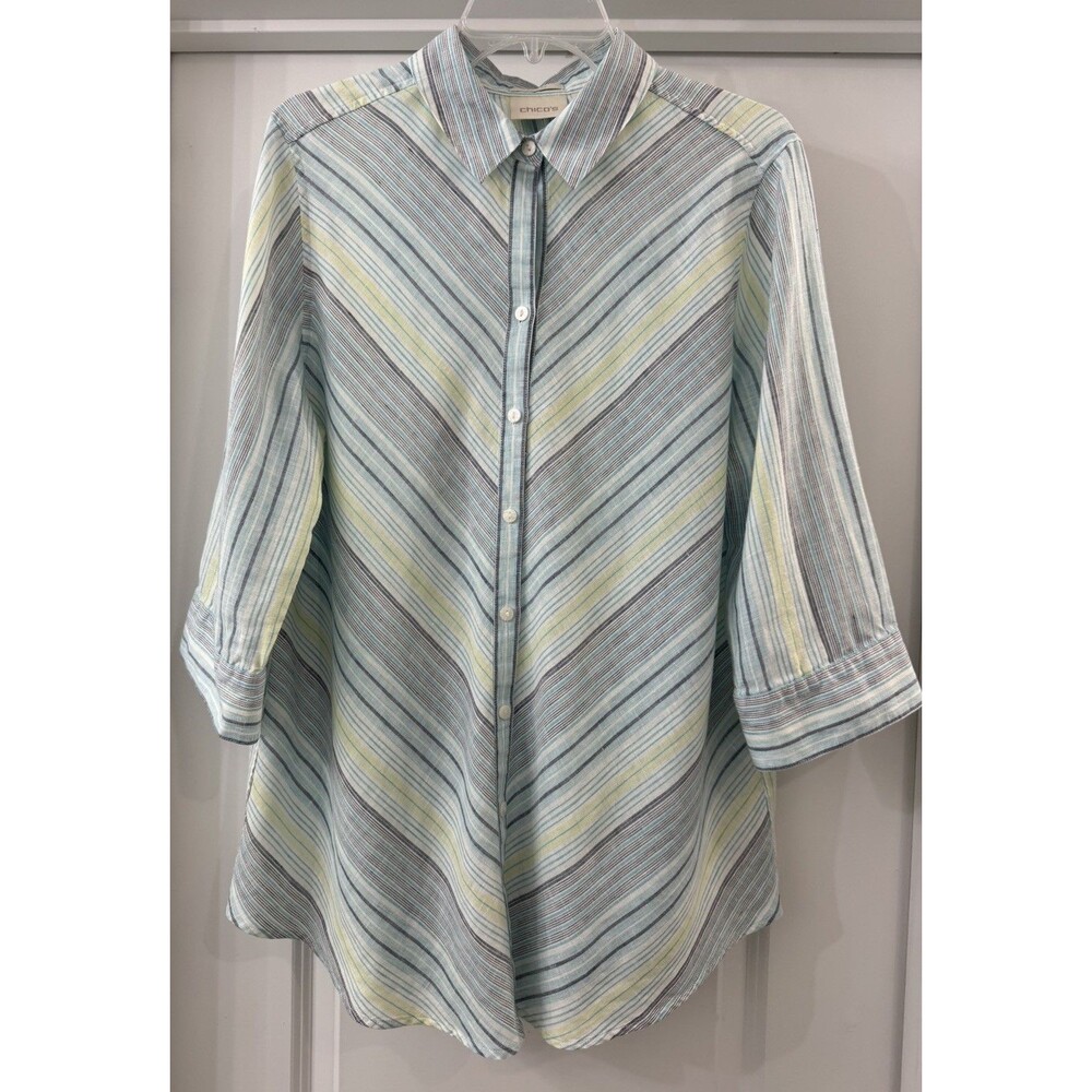 Chicos Button Up Shirt Linen Striped Tunic 3/4 Sleeve Sz2 Top Layering / Costal